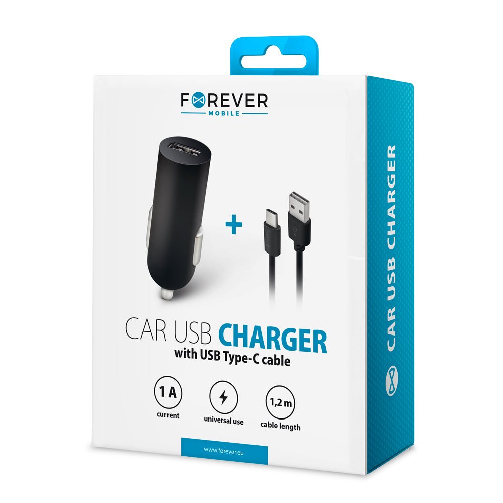 Forever M02 car charger 1x USB 1A black + USB - C cable - LCDEAL