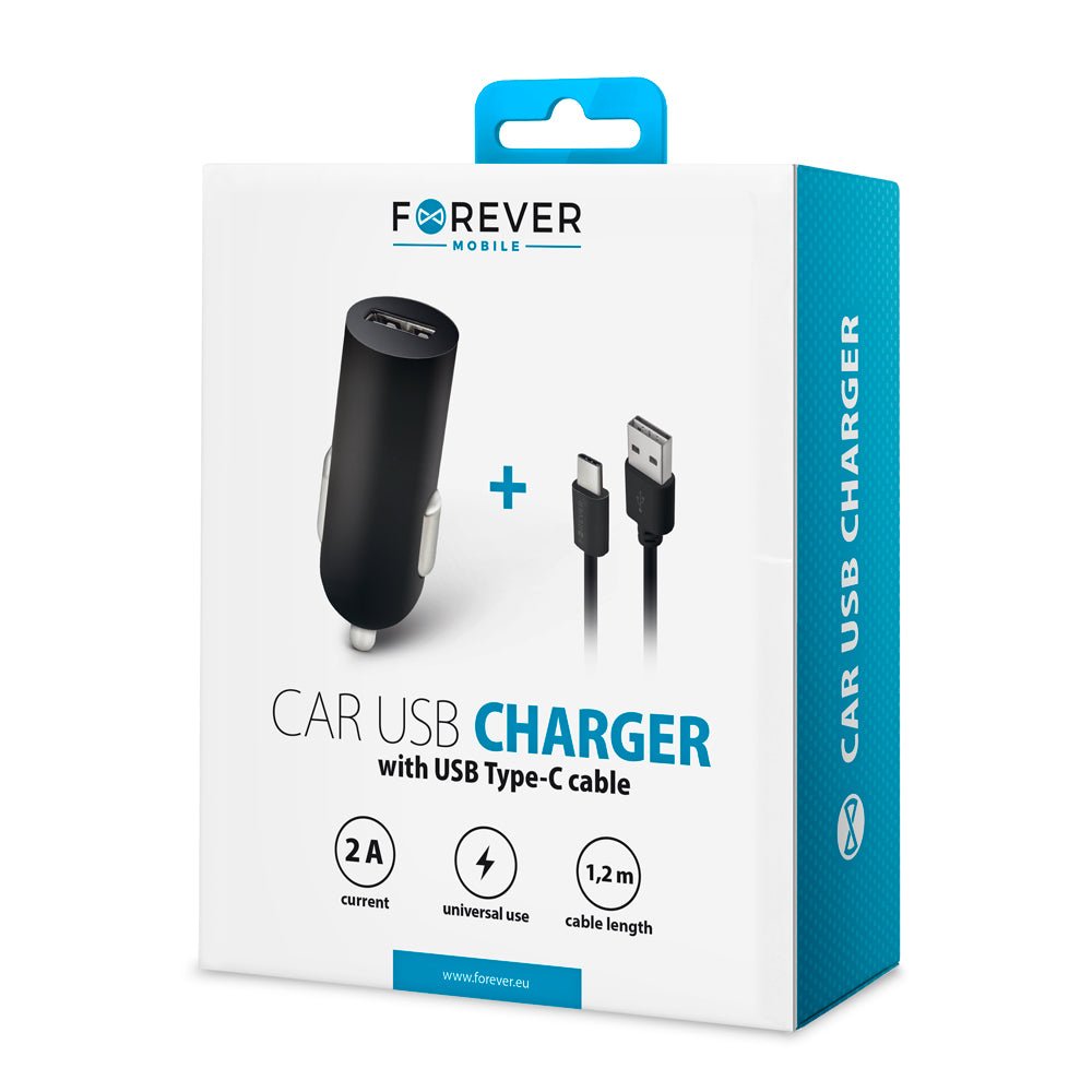 Forever M02 car charger 1x USB 2A black + USB - C cable - LCDEAL