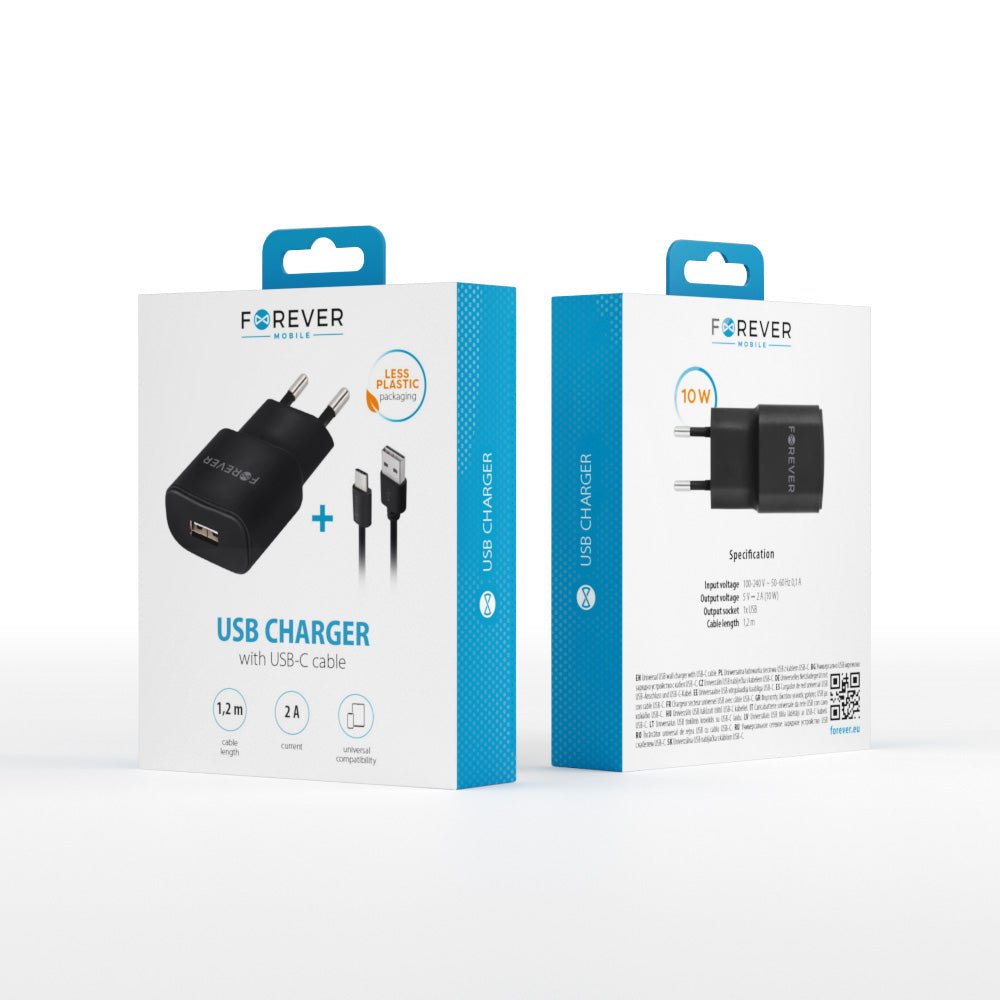Forever TC - 01 charger 1x USB 2A black + USB - C cable - LCDEAL
