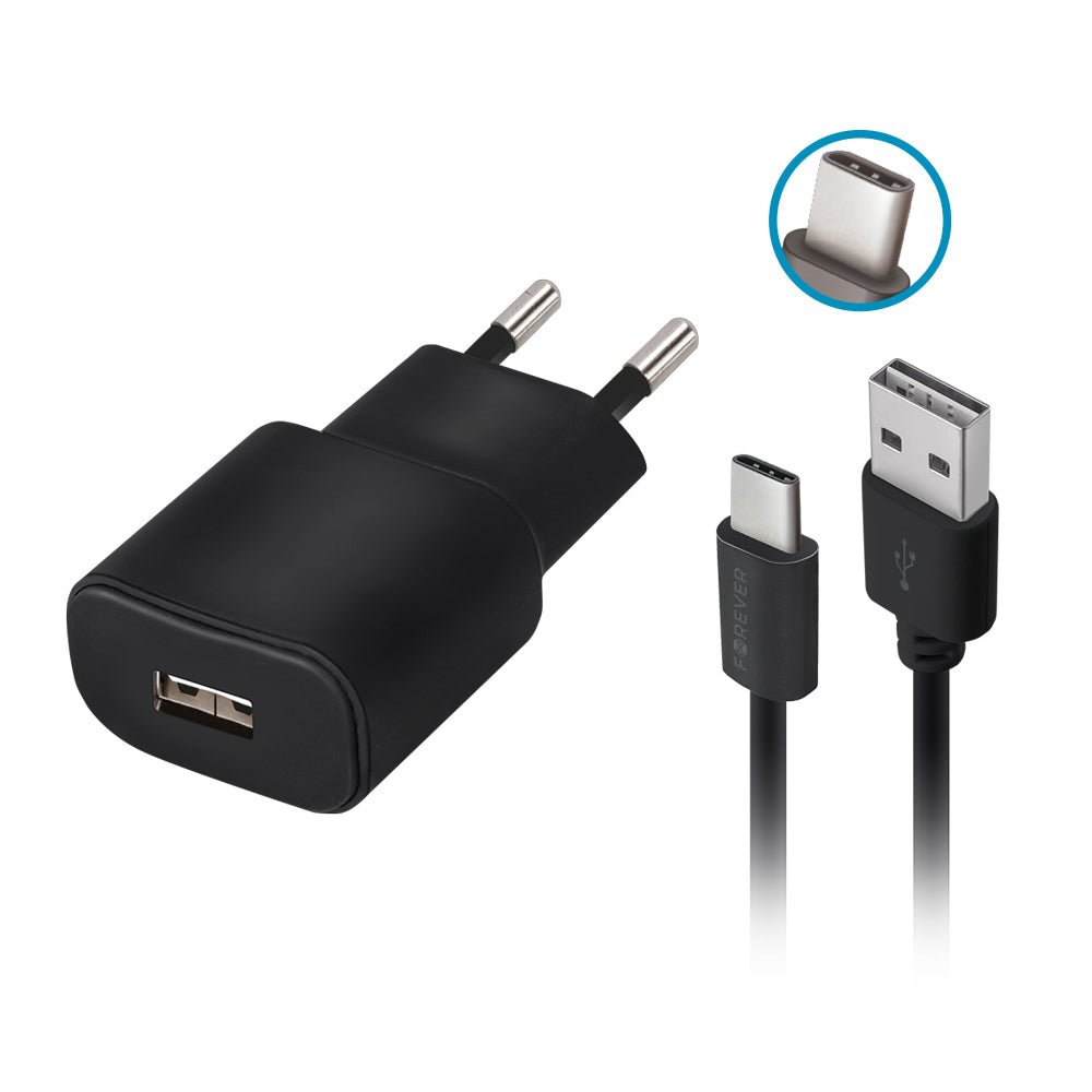 Forever TC - 01 charger 1x USB 2A black + USB - C cable - LCDEAL