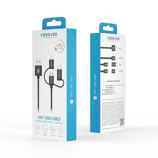 Forever 3in1 cable USB - Lightning + USB - C + microUSB 1,0 m 1,5A black - LCDEAL