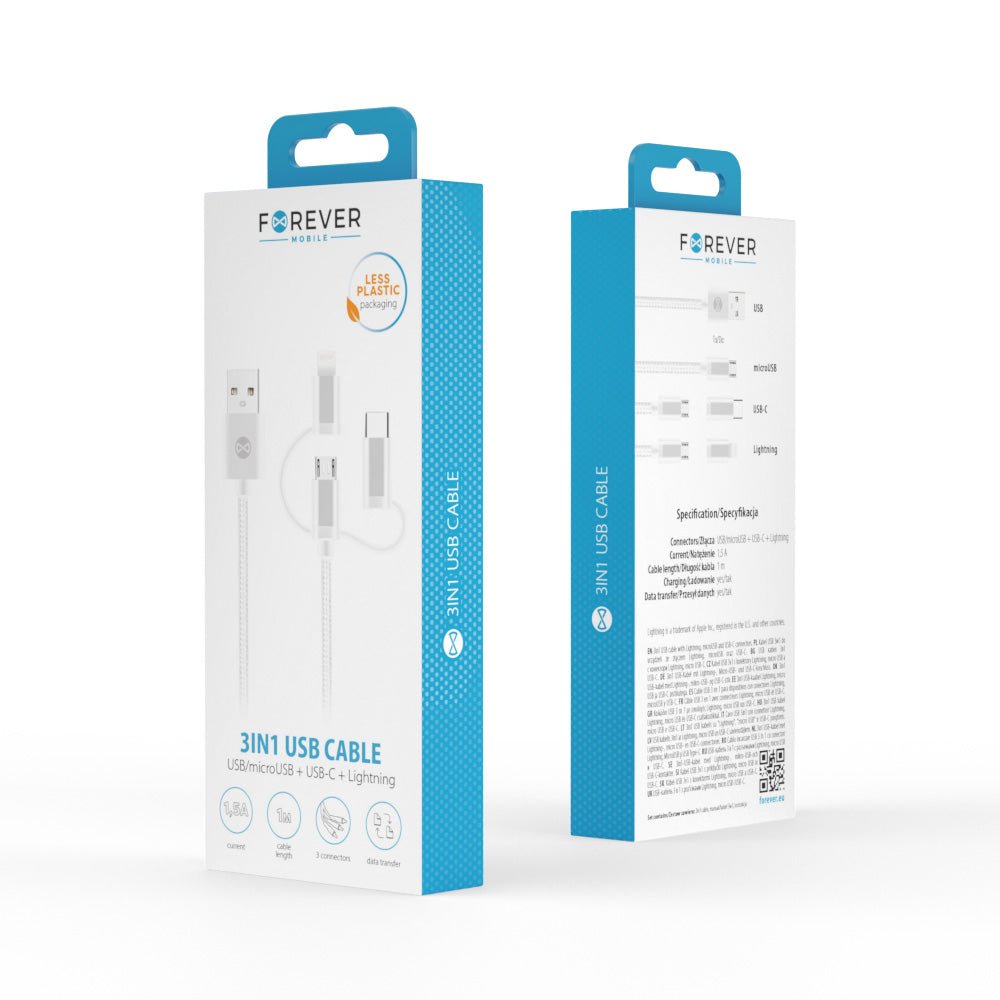 Forever 3in1 cable USB - Lightning + USB - C + microUSB 1,0 m 1,5A white - LCDEAL