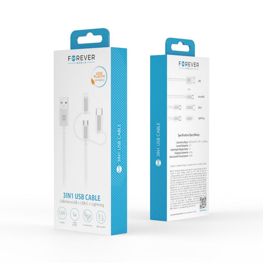 Forever 3in1 cable USB - Lightning + USB - C + microUSB 1,0 m 1,5A white - LCDEAL